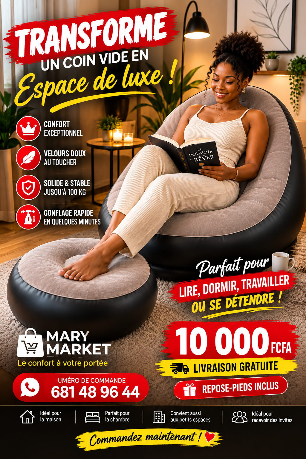CANAPE GONFLABLE+ POSE PIEDS + POMPE MANUELLE