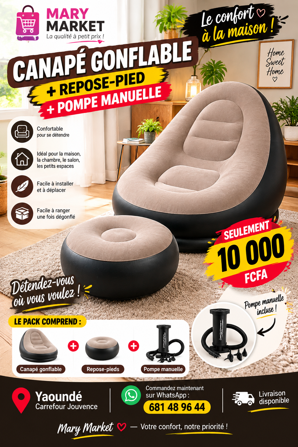CANAPE GONFLABLE+ POSE PIEDS + POMPE MANUELLE